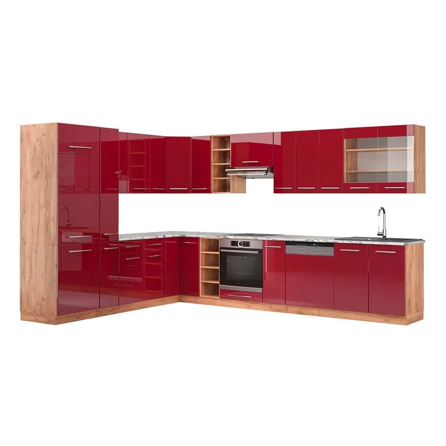 Vicco Fame-Line Eckküche Bordeaux Hochglanz und Goldkraft Eiche mit Marmor-Optik, B: 347 cm, B: 257 cm - Bild 2