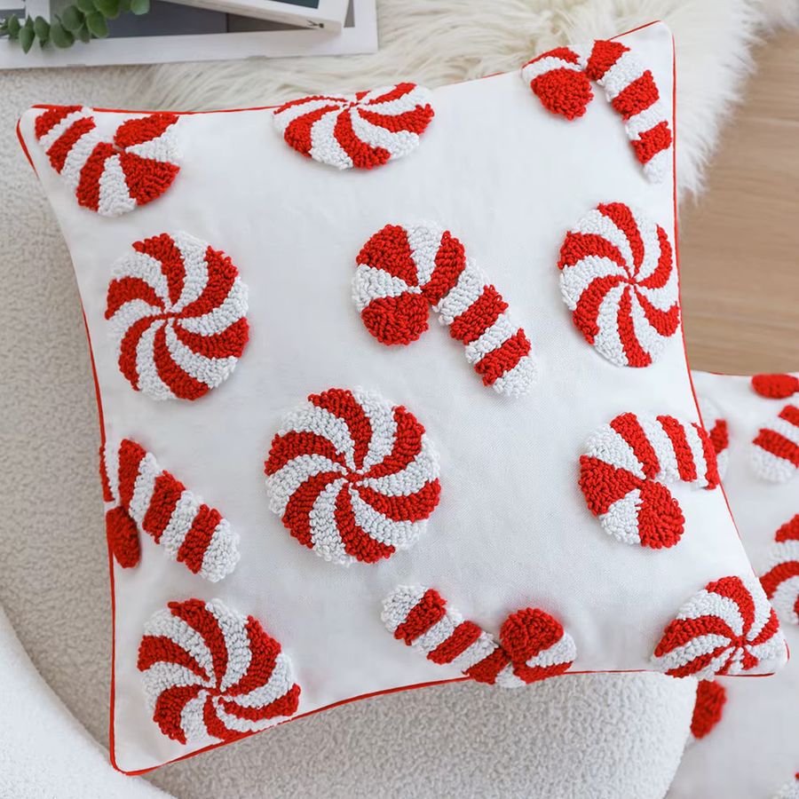 CANIRICA Weihnachts-Kissenbezug mit getuftetem Zuckerstangen-Design, Weiß-Rot, B/T/H: 45 x 45 x 0 cm - Bild 3