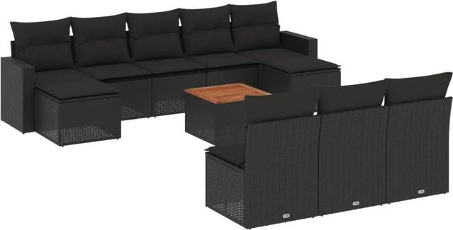 vidaXL 11-tlg. Garten-Sofagarnitur in U-Form aus Polyrattan mit Kissen, Schwarz - Bild 1