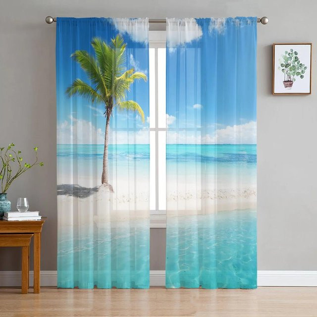 Yiran Furniture Transparent Voile Vorhang mit Strand Sonnenuntergang Ozean Landschaft Motiv, Blau, B: 135 cm, H: 115 cm - Bild 1