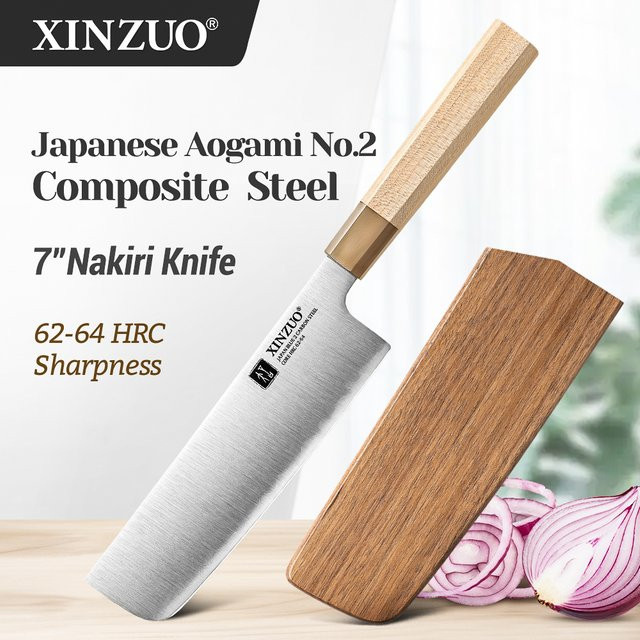 XINZUO Nakiri-Messer aus japanischem Aogami Nr. 2 Kohlenstoffstahl, 7 Zoll (17,78 cm), Silber mit Holzgriff - Bild 1