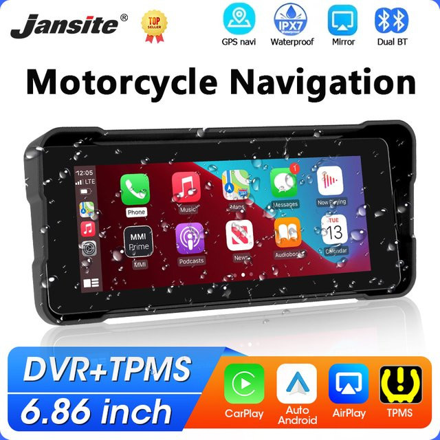 Jansite Tragbares 6,86 Zoll Motorrad GPS Navigationssystem mit Wireless CarPlay und Android Auto, IPX7 Wasserdicht, Dual Bluetooth, DVR und TPMS, Schwarz - Bild 1