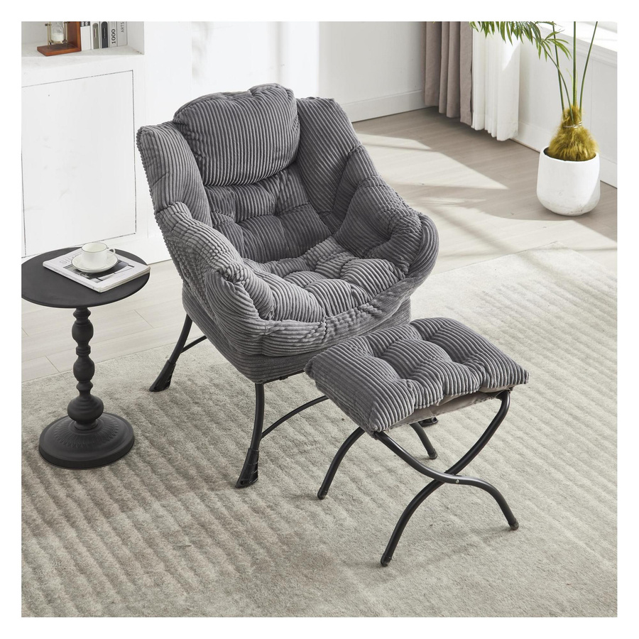 Moderner Lounge-Sessel mit Hocker und Seitentasche in Grau mit Flanellbezug, B/T/H: 69,9 x 64,0 x 95,0 cm - Bild 2