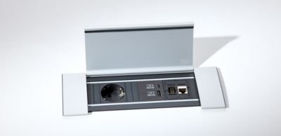 Schäfer Shop Genius Konferenztisch MODENA FLEX, ovaler Tisch mit T-Fuß Rechteckrohr und 3-fach Anschluss, Eiche-Dekor und Weiß, B: 200 cm, T: 100 cm, H: 65-85 cm - Bild 1