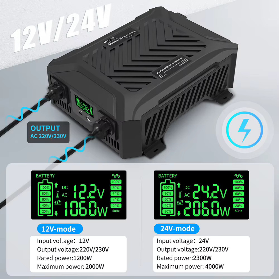 DATOUBOSS Reiner Sinus-Wechselrichter mit Dual Voltage 12V/24V DC auf 220V/230V AC, 2300W/1200W Stromwandler für Wohnmobil und LKW in Schwarz mit LCD-Anzeige und USB-Anschlüssen - Bild 1