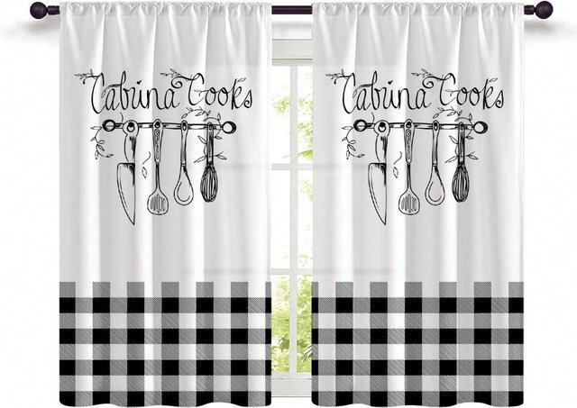 Set aus 2 semi-transparenten Küchenvorhängen in Weiß mit Stangentaschen, B/H: 70 x 100 cm - Bild 1