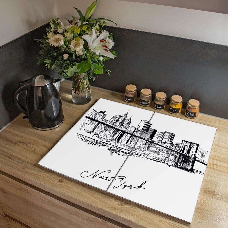 Banjado Herdabdeckplatte aus Glas zweiteilig mit Motiv New York Skizze, B/T: 52 x 30 cm pro Platte - Bild 1