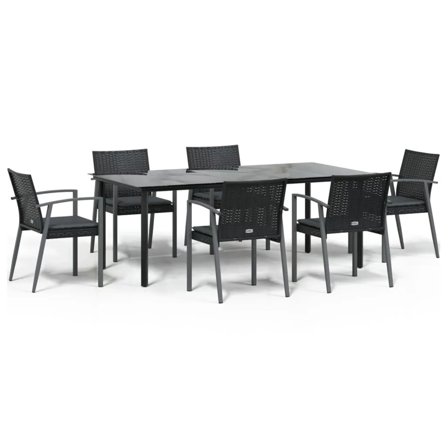 vidaXL 7-teilige Garten-Essgruppe aus Poly Rattan und Stahl in Schwarz und Dunkelgrau mit Hartglas-Tischplatte und Kissen - Bild 2