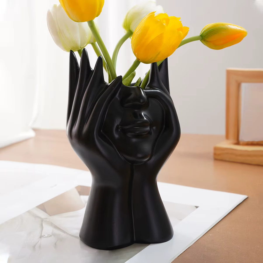 Moderne Haushaltsvase aus Harz mit doppeltem Handgesichtsdesign in Schwarz - Bild 2