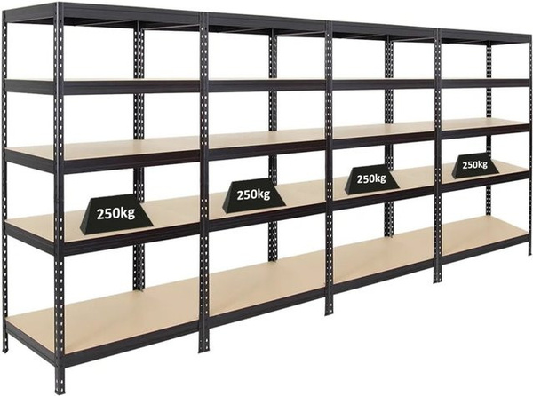4er Set PROREGAL Schwerlastregal Rivet aus Stahl und MDF-Holz, Schwarz, H x B x T: 180 x 90 x 60 cm, Fachlast 250 kg