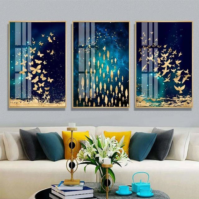 TPFLiving Luxus Poster Leinwand Set mit goldenen Fischen und Schmetterlingen in Blau, 3er Set, Breite: 60 cm, Höhe: 80 cm - Bild 1