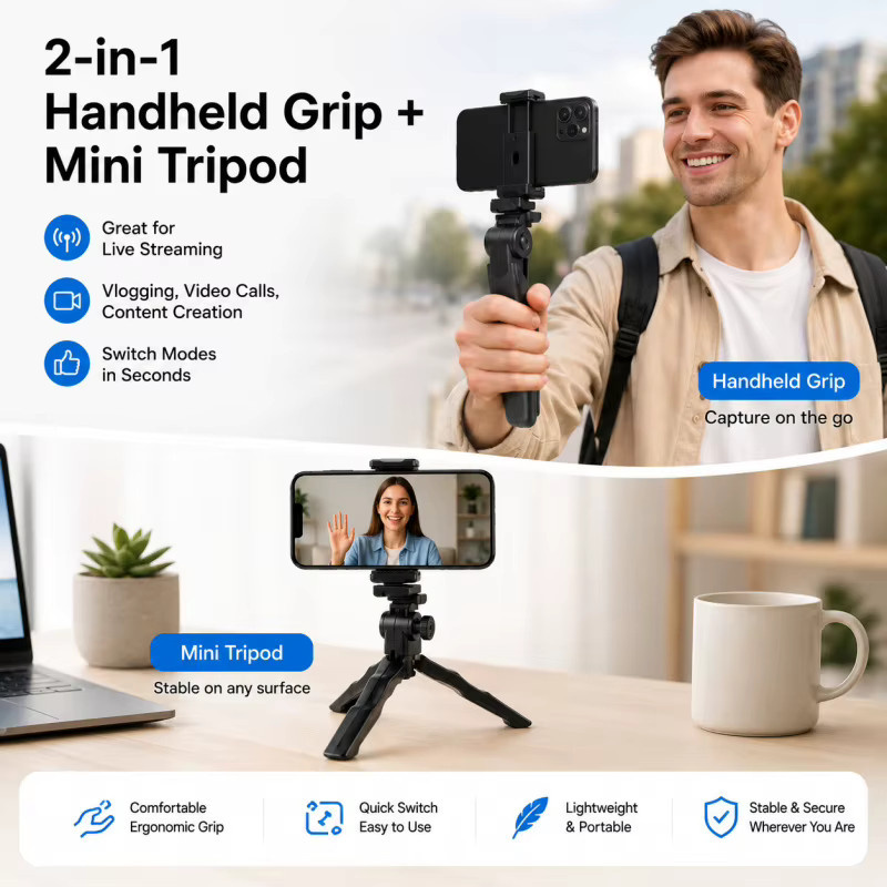 Universelles faltbares Smartphone-Stativ in Schwarz mit 360 Grad Verstellbarkeit für Live-Streaming, Vlogging und Fotografie - Bild 5