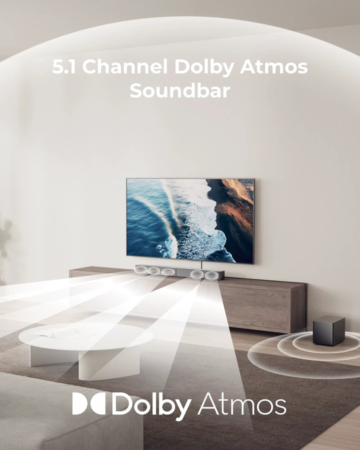 ULTIMEA Poseidon M60 Boom 5.1-Kanal Soundbar mit Dolby Atmos, 340W Heimkinosystem in Schwarz mit 5,25-Zoll Kabelgebundenem Subwoofer und APP-Steuerung - Bild 2