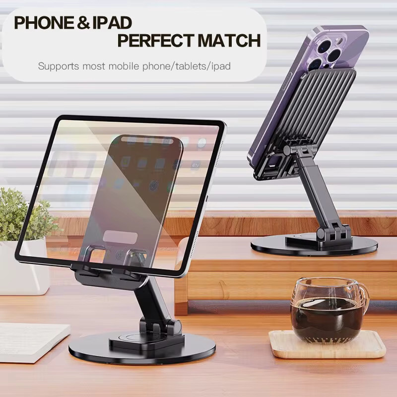 BRYNTHORX Universeller Telefonständer für den Schreibtisch in Schwarz, 360 Grad drehbare Metallhalterung, faltbarer Handyhalter mit rutschfester Basis für iPhone, Huawei und OPPO - Bild 2