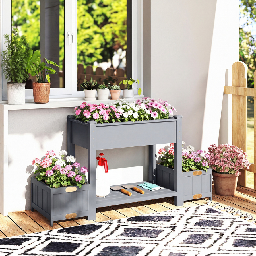 Outsunny Hochbeet aus Fichtenholz mit 2 klappbaren Seitentöpfen und Ablage, Grau, B/T/H: 149 x 46 x 76 cm - Bild 2