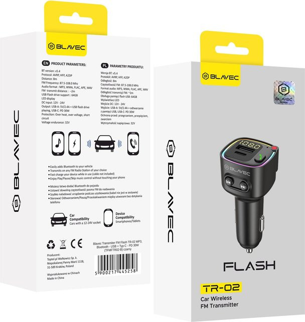 Blavec Flash TR-02 Bluetooth FM Modulator in Schwarz mit 1 x USB-A und 1 x USB-C - Bild 1