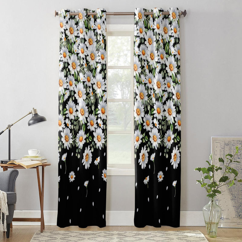 Moderne halbtransparente Fenstervorhänge mit weißem Gänseblümchen-Blumenmuster und Farbverlauf von Super Six in Grau, Breite: 135 cm, Höhe: 60 cm - Bild 2