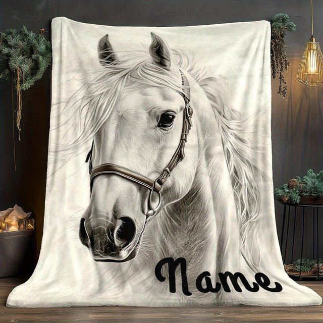 Personalisierte Fleece-Pferdedecke mit weißem Pferdeporträt von JMG Household Supplies, Farbe Weiß, B/H: 173 x 218 cm - Bild 1