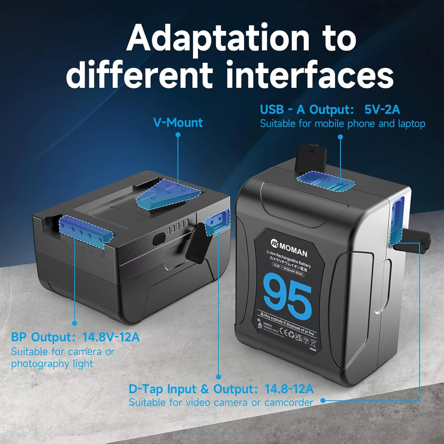 Moman Power 95 V-Lock Akku mit 95 Wh und 6450 mAh, 14,8 V, Schwarz, mit 2 x D-Tap und USB-A Ausgang für Sony und Canon Kameras - Bild 4