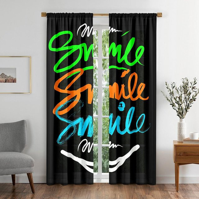 Yiran Furniture Retro Slogan Smile Face Hipster Grafik Vorhang aus Polyester, halbtransparent, Mehrfarbig, B: 50 cm, H: 130 cm, 2er Set mit Ösen - Bild 1