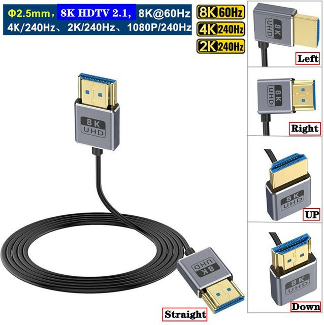 AXONUS HDMI 2.1 Kabel Ultrafein mit Winkelstück, 8K@60Hz und 4K@240Hz, 48 Gbit/s, Schwarz - Bild 1
