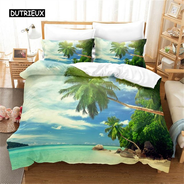 Wucifang Bags Bettwäsche-Set Strand Kokospalme mit Ozean-Motiv in Blau, B/H: 135 x 200 cm - Bild 1