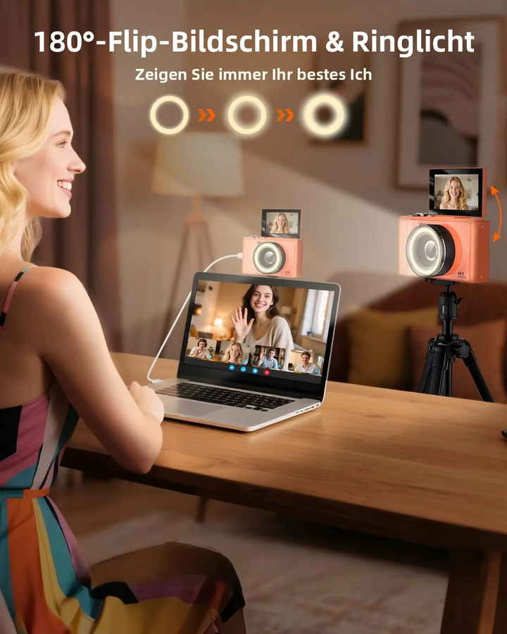 W&O 4K Vlogging-Kamera mit 180 Grad Klappbildschirm, Ringlicht und Beauty-Modus in Schwarz inklusive 32G SD-Karte - Bild 3