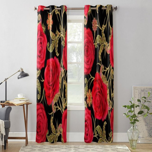 Super Six Paisley Gardine mit rotem Rosenmuster, semi-transparent, Polyester, B: 135 cm, H: 60 cm, Farbe: Rot - Bild 1