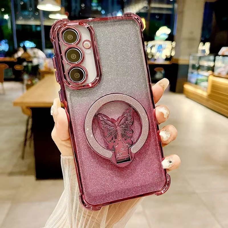 Schmetterlings Handyhülle mit Ringhalter für Samsung Galaxy S25 S24 S23 S22 Ultra Plus FE A55 A35 A15 in Gold und Pink - Bild 1
