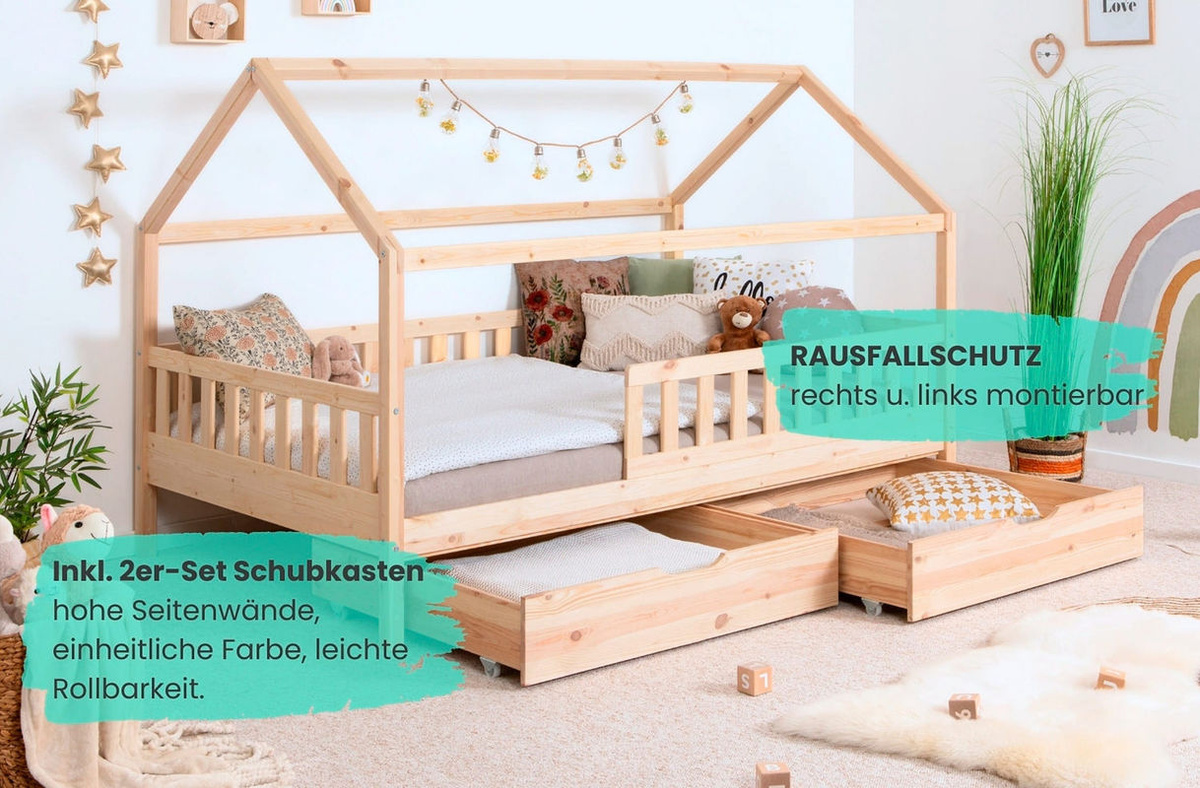 TICAA Kinderbett Hausbett Kay aus massivem Kiefer mit Schubkästen, Farbe Natur, B/T/H: 160 x 80 x 134 cm - Bild 2