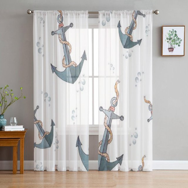 A Family Of Home Textiles Transparenter Voile-Tüll-Vorhang mit nautischem Anker-Motiv in Weiß, Breite: 135 cm, Höhe: 160 cm - Bild 1