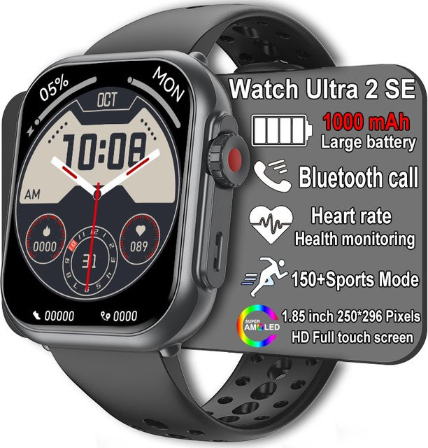 BOXUXING Smartwatch Ultra 2 SE mit AMOLED Display, GPS, Herzfrequenzmessung und Bluetooth Anruffunktion, Schwarz/Grau - Bild 1