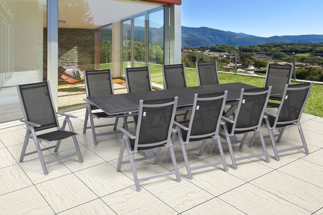 OUTFLEXX Garten-Essgruppe in Silber mit ausziehbarem Tisch und 10 Klappstühlen aus Aluminium, Spraystone und Textil - Bild 1