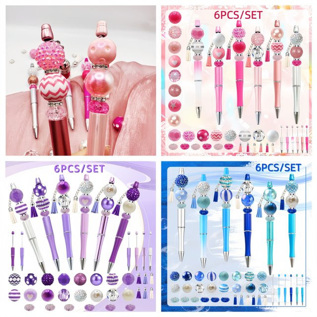 6-teiliges DIY-Perlenstift-Set aus Kunststoff in Pink, Lila und Blau für kreativen Schulbedarf - Bild 1