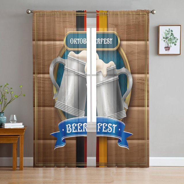 A Family Of Home Textiles Sheer Vorhang mit Holzmaserung und Bier-Grafik, transparent, B/H: 135 x 244 cm - Bild 1