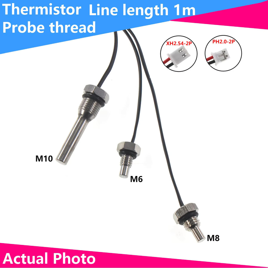 Hongqiwei NTC-Thermistor Temperatursensor mit 1 Meter Drahtlänge und Gewinde M6, M8 oder M10 in Silber (10K, 50K, 100K) - Bild 1