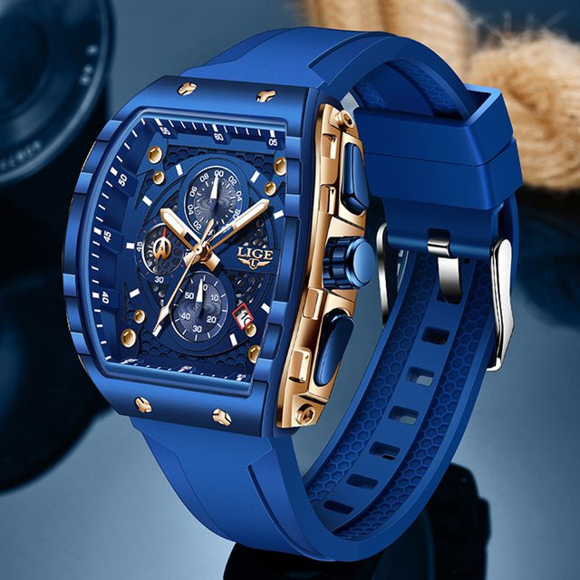LIGE Chronograph Armbanduhr, Blau, Silikon, Eckig, Quarz, Herren - Bild 1