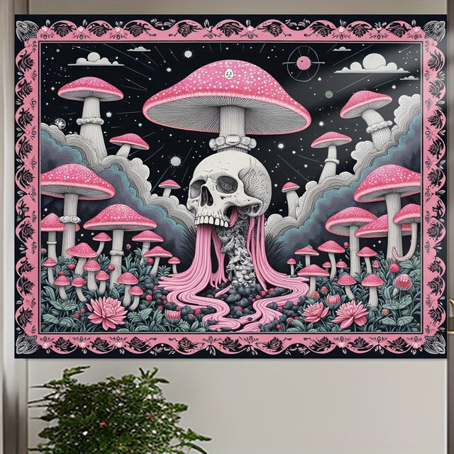 VIKAMA Dark Fantasy Wandteppich mit Skelett und Pilzen in Multicolour als dekorativer Wandbehang - Bild 1
