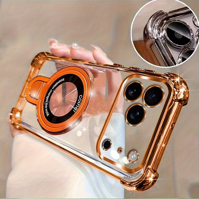 Luxuriöse vergoldete Handyhülle für iPhone mit magnetischem Ringhalter Ständer in Gold und Orange - Bild 1