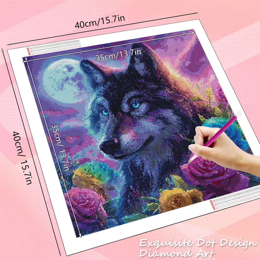 HUACAN Diamant-Kunstgemälde Wolf und Rosenblüten als Diamant-Mosaik-Set mit Strass-Steinen in Multicolour, B/H: 20 x 20 cm - Bild 2