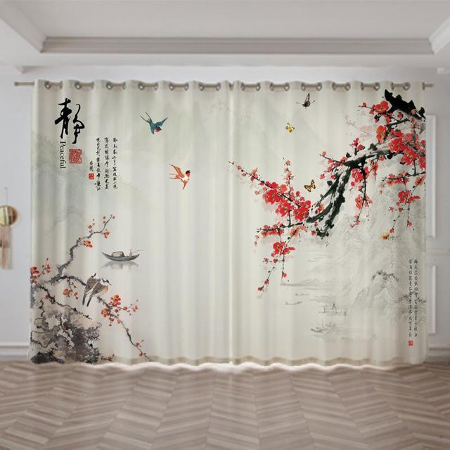 Yiran Furniture Vorhang mit chinesischer Fluss-Berg-Landschaftsmalerei, 2er-Set, halbtransparent, Mehrfarbig, Breite: 100 cm, Höhe: 130 cm - Bild 1