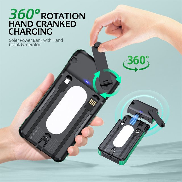 Wasserdichte Solar-Powerbank mit Handkurbel und 20.000 mAh Kapazität in Orange für iPhone, Samsung, Huawei und Xiaomi - Bild 1