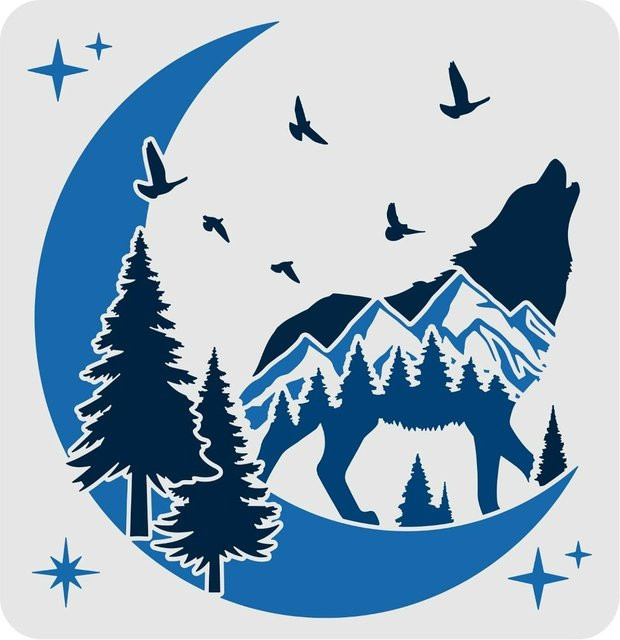 Wiederverwendbare Wolf Howl Zeichnungsschablone aus Kunststoff mit Mond, Berg und Wald-Motiv, Breite: 30 cm, Höhe: 30 cm - Bild 1