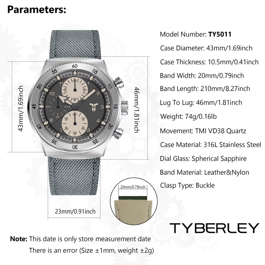 TYBERLEY Armbanduhr GMT, Quarz, Edelstahl, Saphirglas, Textil, Herren - Bild 5