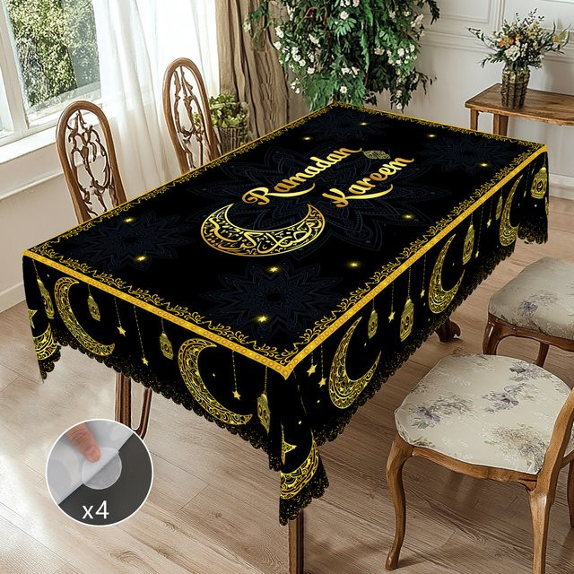 Dekorative Tischdecke aus Polyester mit orientalischem Mandala-Muster, Halbmond, Sternen und Laternen in Schwarz und Gold - Bild 1