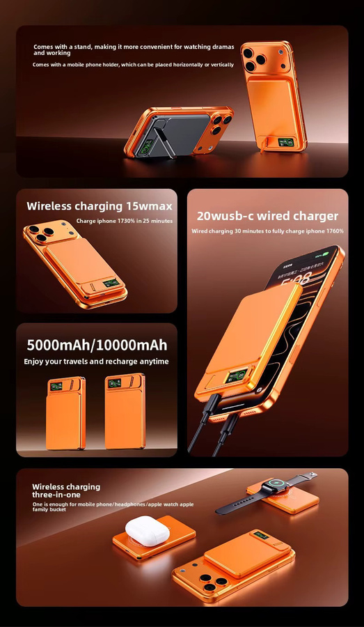 Taepiaai MagSafe Powerbank 10000mAh in Orange, Kabelloses 20W Magnetisches Schnell-Ladegerät und Tragbare Externe Batterie für iPhone und Samsung - Bild 5