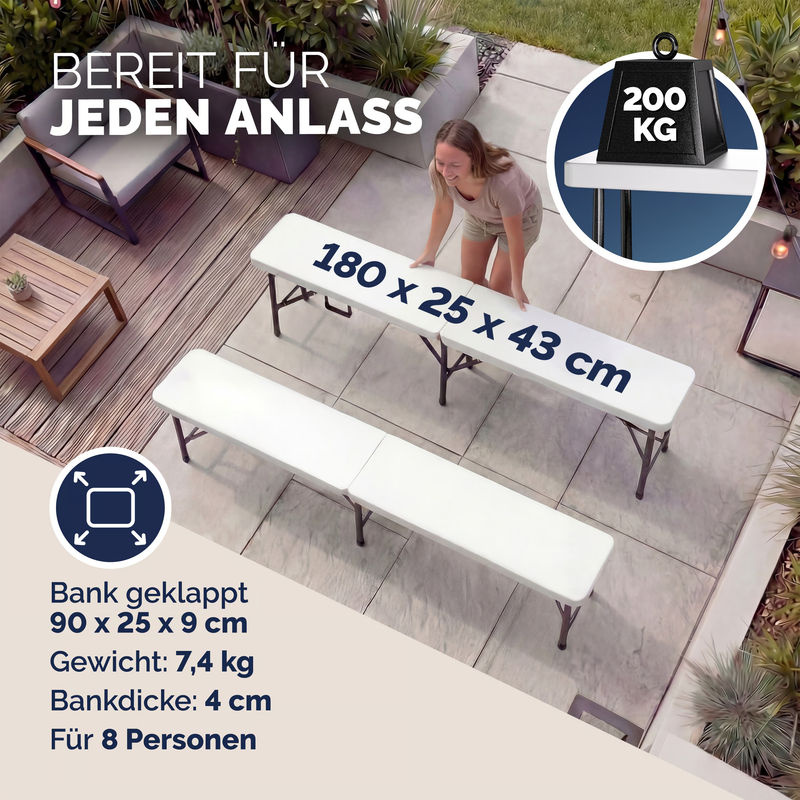 Casaria Bierbank 2er-Set aus Kunststoff und Stahlrohr in Weiß, B/T/H: 183 x 44 x 44 cm - Bild 2