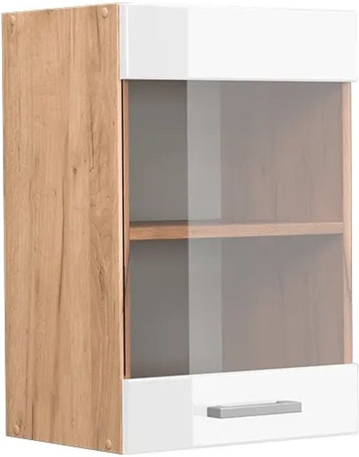 Vicco Küchenglasschrank R-Line Glashängeschrank Weiß Hochglanz und Goldkraft Eiche, B: 40 cm, H: 60 cm, T: 31 cm - Bild 1