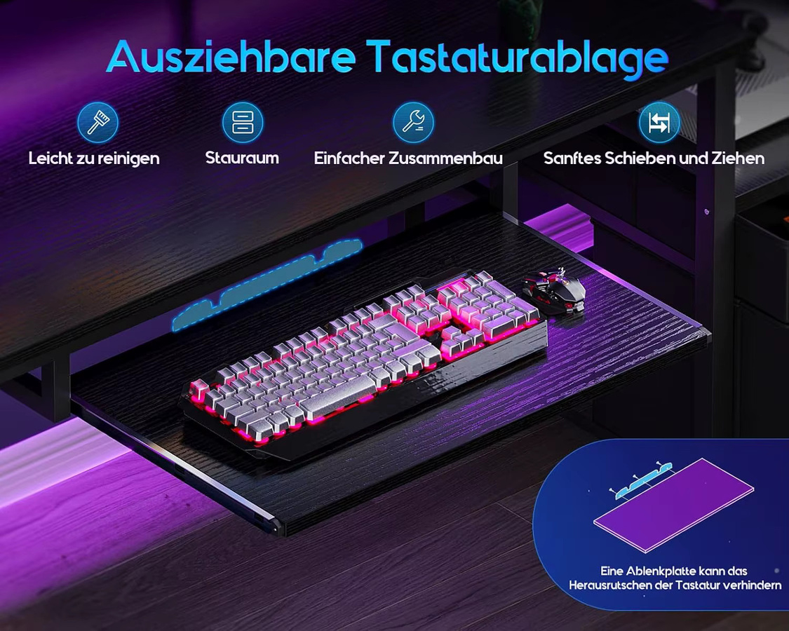 Coleshome Gaming Schreibtisch mit Steckdose und 2 Stoff Schubladen, Computertisch mit Monitorständer, Reversibel, Schwarz, Breite: 140 cm, Tiefe: 48 cm - Bild 3