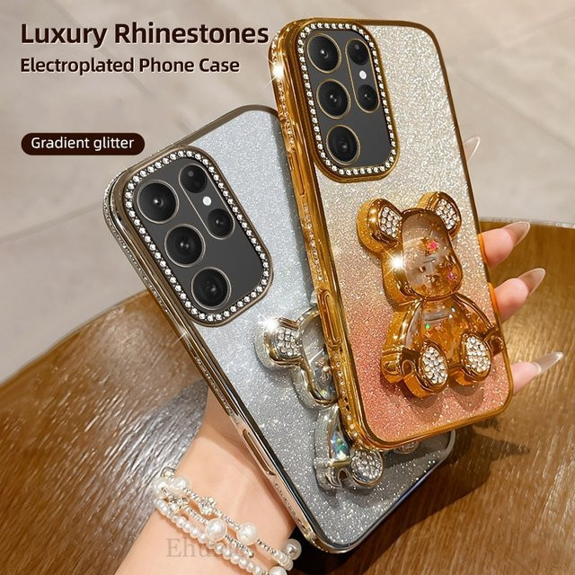 Diamond Glitter Bear Schutzhülle mit Standfunktion für Samsung Galaxy S25 Ultra S24 FE S23 S22 A17 A16 A56 A36, stoßfestes Luxus Case in Transparent und Gold - Bild 1